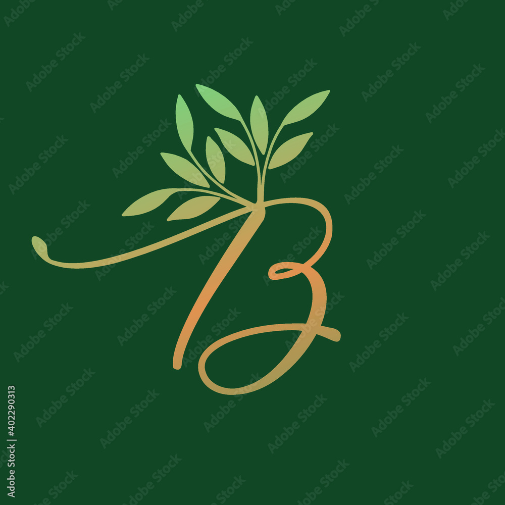 Wall mural letter b logo.wedding decorative creative calligraphic icon isolated on green background.ornate symb