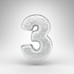 Number 3 on white background. Creased aluminium foil 3D number with gloss metal texture.