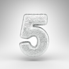 Number 5 on white background. Creased aluminium foil 3D number with gloss metal texture.