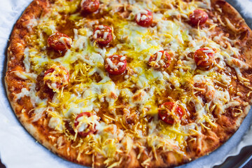 plant-based food, vegan flatbread pizza with cherry tomatoes and dairy-free cheese