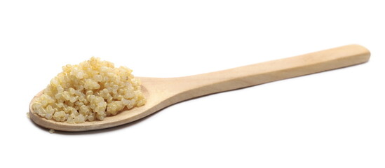 Rehydrated, hydrated white quinoa seeds in wooden spoon isolated on white background