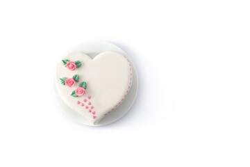 Heart cake for St. Valentine's Day, Mother's Day, or Birthday, decorated with roses and pink sugar hearts