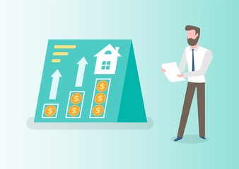 Bearded man financial investor with sheet of paper and infochart with house on sale, investment concept. Vector male read documents, report on investment