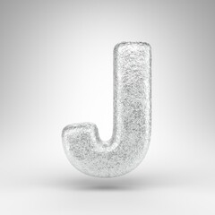 Letter J uppercase on white background. Creased aluminium foil 3D letter with gloss metal texture.