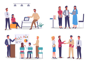 Office staff, work and communication. Head and subordinates. Various workers, managers team. Top managers employees of different levels. Office workers. Co-workers. Colleagues discuss project teamwork