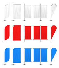 Colored beach flag set, white, red, blue