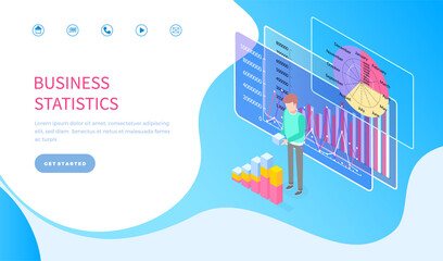 Landing page of website. Business statistics. Vector visual presentation. Growing graphics, charts, round calendar. Web analytics, analysing info. Businessman building growing charts from blocks