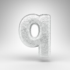 Letter Q lowercase on white background. Creased aluminium foil 3D letter with gloss metal texture.