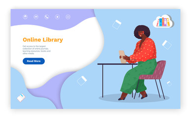 Online library, website, landing page concept, electronic books, e-books, read literature, black woman with digital tablet, media book library, e-learning education online in internet, e-library