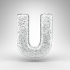 Letter U uppercase on white background. Creased aluminium foil 3D letter with gloss metal texture.