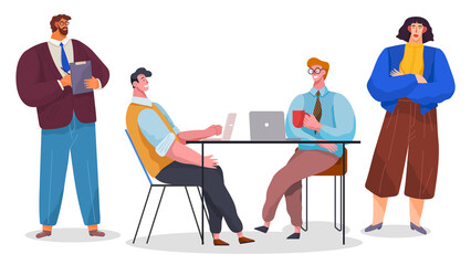 Business people talking and working at the computers in office. Teamwork on a new project. Business meeting, development of plans. Brainstorming process, team man and woman collaboration workers