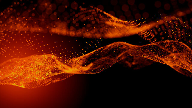 Abstract 3D Technology concept. Big Data and Artificial Intelligence represented as a High Tech Futuristic Particle Network. Abstract background. 3D render