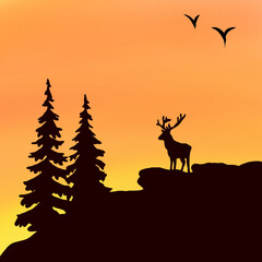silhouette of reindeer and trees with beautiful clouds .