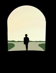 silhouette of a man walking on road with beautiful green  grasses .