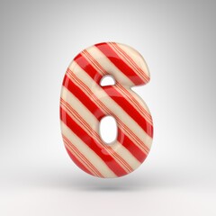 Number 6 on white background. Candy cane 3D number with red and white lines.