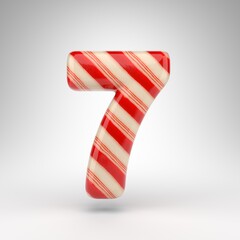 Number 7 on white background. Candy cane 3D number with red and white lines.