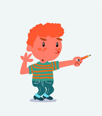 cartoon character of little boy on jeans doubts while pointing to the side with a pencil.