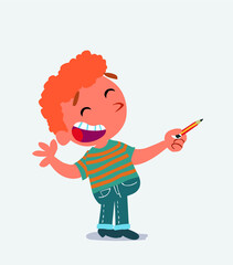 cartoon character of little boy on jeans is happy while pointing to the side with a pencil