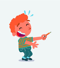 cartoon character of little boy on jeans laughs while pointing to the side with a pencil