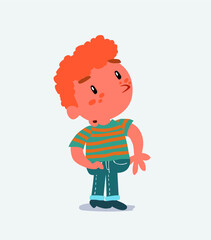 cartoon character of little boy on jeans looks with doubt and somewhat surprised.