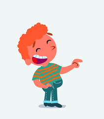 cartoon character of little boy on jeans points to his side while laughing.