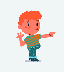 Surprised cartoon character of little boy on jeans points to something to his side.