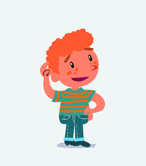 Thoughtful cartoon character of little boy on jeans scratching his head