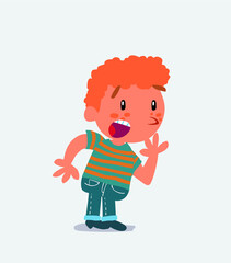 Unpleasantly surprised cartoon character of little boy on jeans looks to the side