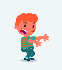 Very angry cartoon character of little boy on jeans pointing at something at side