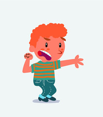 Very angry cartoon character of little boy on jeans pointing at something.