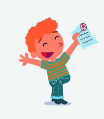 very happy cartoon character of little boy on jeans with a exam in hand.