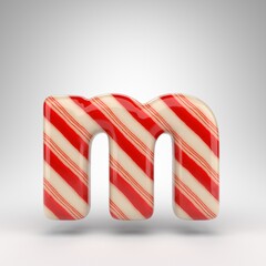 Fototapeta premium Letter M lowercase on white background. Candy cane 3D letter with red and white lines.