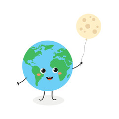 Cute cartoon Earth planet with Moon balloon