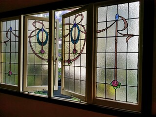 View of a stained glass window in an old house