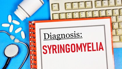 Syringomyelia. Text inscription of the medical diagnosis. Treatment with medications and procedures.