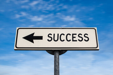Success road sign, arrow on blue sky background. One way blank road sign with copy space. Arrow on a pole pointing in one direction.
