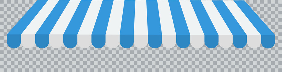 Awning store vector illustration. Blue and white striped restrain, cafe symbol. Canopy parasol shop roof isolated on transparent background. Vector illustration.