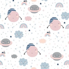 Seamless childish pattern with moons, clouds, rainbows, planets and starry sky. Creative kids texture for fabric, wrapping, textile, wallpaper, apparel. Vector illustration 