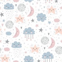 Seamless childish pattern with moons, clouds, rainbows and starry sky. Creative kids texture for fabric, wrapping, textile, wallpaper, apparel. Vector illustration  © Angelina De Sol