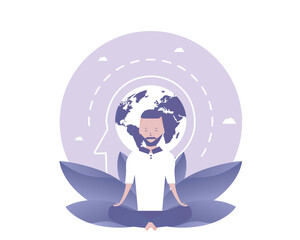 A man is meditating. Global process. Vector illustration for telework, remote working and freelancing, business, start up, social media and blog
