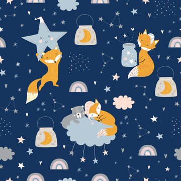 Seamless childish pattern with sleeping foxes, bear, clouds, rainbow, jar with stars and constellations. Creative kids texture for fabric, wrapping, textile, wallpaper, apparel. Vector illustration