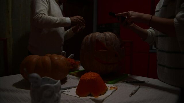 4k Celebrating Halloween at home with a Creepy Pumpking, fall family tradition