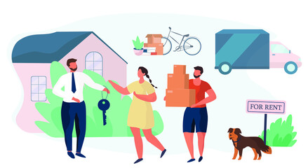 People carrying cardboard boxes. Family moving packing boxes and stuff. Family Moving into New House. Relocation Process. Moving truck on background. Cartoon Flat Vector Illustration