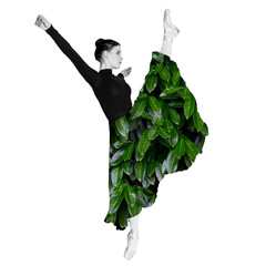 Contemporary modern art collage in magazine style. Ballerina. Young graceful woman ballet dancer, dressed in professional outfit, shoes and green leaf skirt is demonstrating dancing skill.