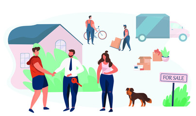 Family Buy House.House For Sale.Realtor Gives Keys to Family.Property Selling.Buying Real Estate Apartments.Moving Home.Moving truck on Background.Relocation Process.Flat Vector Illustration 