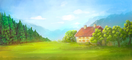 illustration of a beautiful landscape with a house, forest and mountains. Bright saturated picture