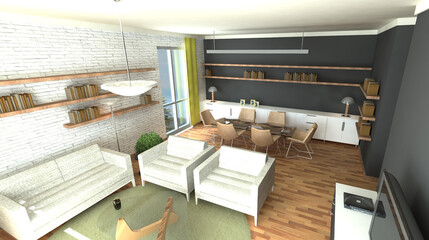 3d illustration of a rectangular living room with sitting and dining area.  White brick and grey paint on the walls, oak flooring on ground.  Scene taken from right upper corner of sitting area. 