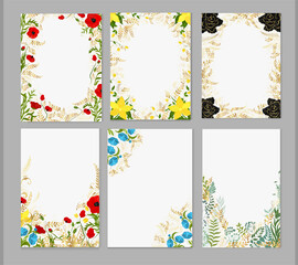 Set of cards with flowers and golden plants on a gray background. Vector postcards