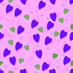 Fluffy hearts, serpentine and the inscription XO XO on a pink background. Seamless patterns for Valentine's day or wedding. For textiles, postcards, wallpapers and backgrounds. Vector illustration.
