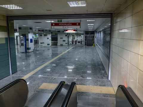 Turkey, Ankara - October 24, 2019: Interior of the ASKI metro station in Ankara. Large modern bright hall with turnstiles underground